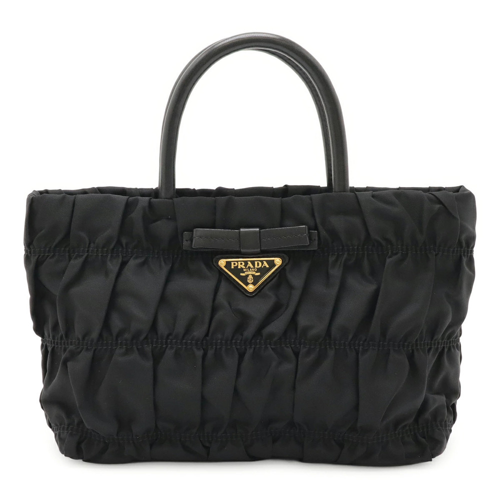 Prada handbag ribbon gathered leather NERO black